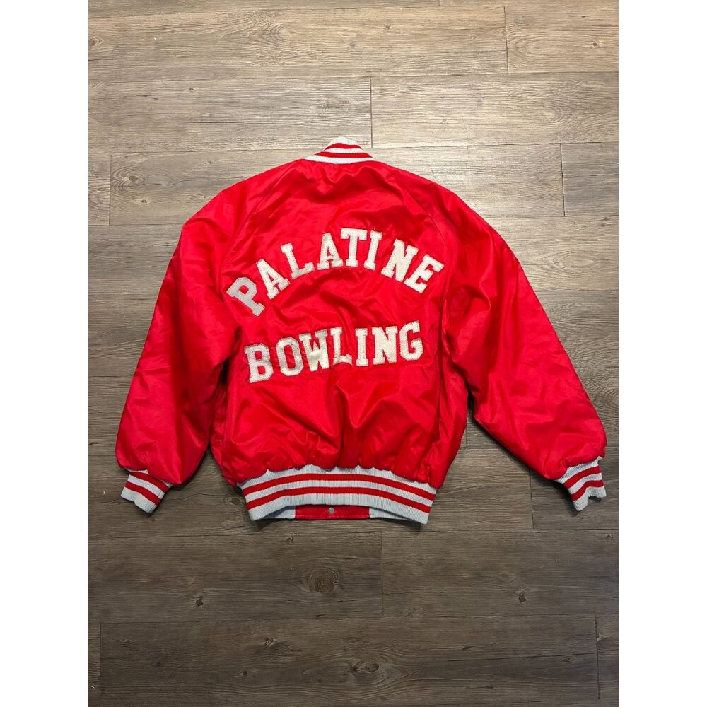 Vintage Delong Varsity Bowling Jacket Men Large Red Nylon Bomber Sportswear 90s - Picture 2 of 8
